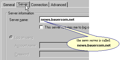 Click on the Server tab. The news server is called news.teleport.com